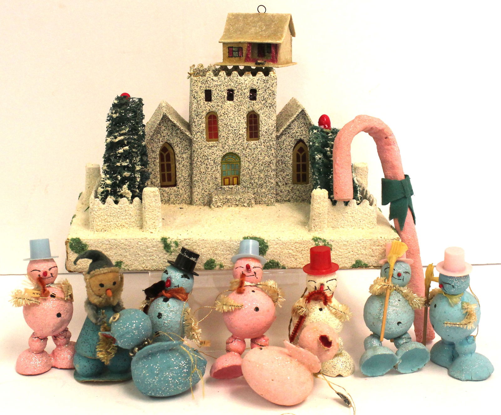 Lot of misc vintage Christmas incl cardboard house & church plus pink & blue ornaments (1 of 8)