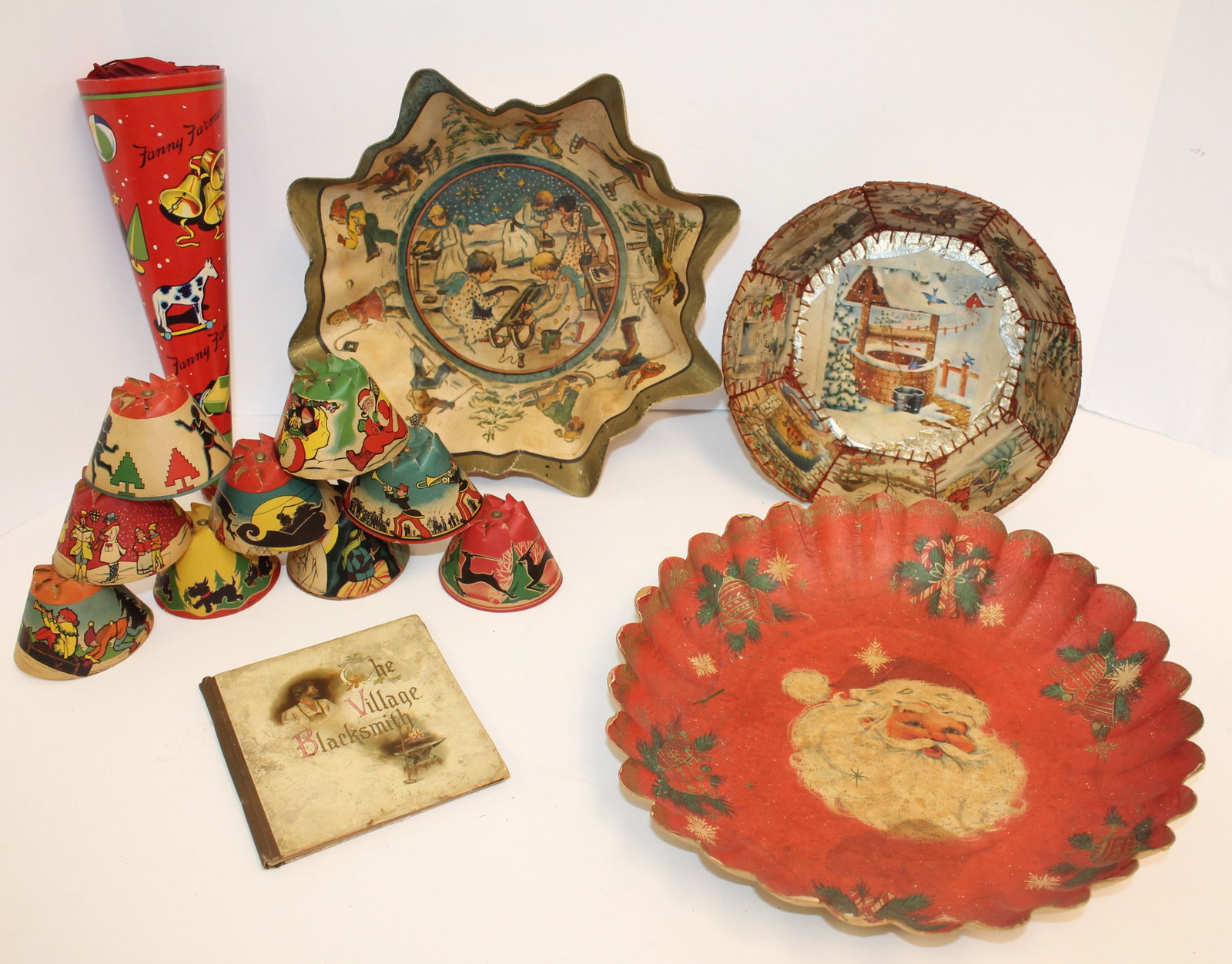 Lot of Christmas ephemera incl bowls, book, noisemaker, candle shades,: Lot of Christmas ephemera incl bowls, book, noisemaker, candle shades,