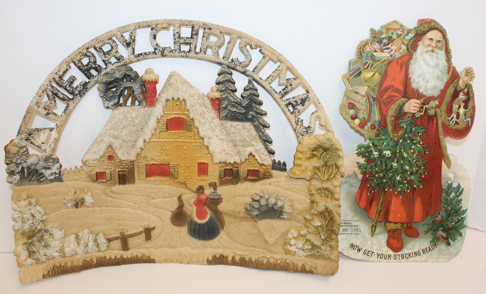 Lot of Christmas ephemera incl cardboard Santa advertisement & Merry Christmas decoration: Lot of Christmas ephemera incl cardboard Santa advertisement & Merry Christmas decoration