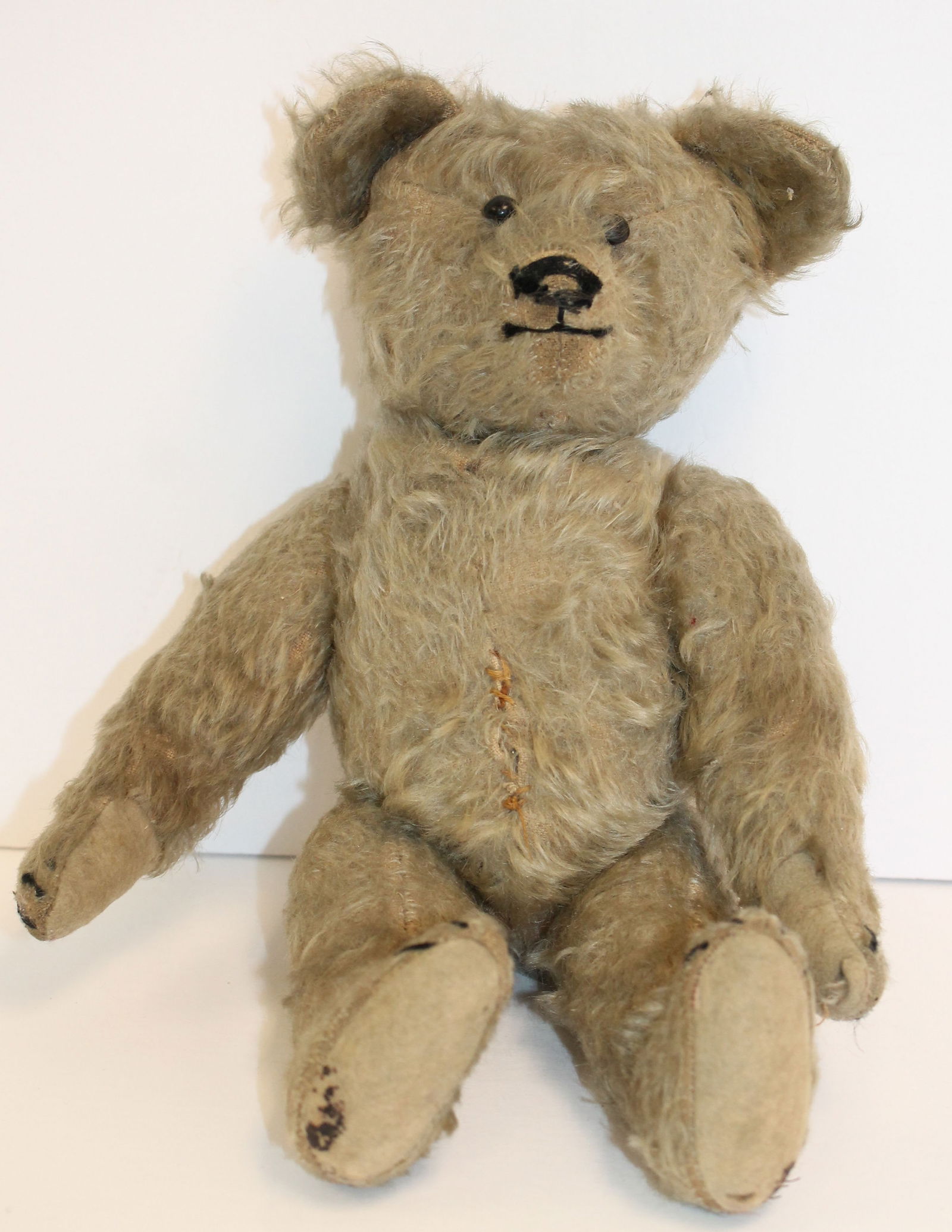 Early well loved stuffed mohair jointed teddy bear - as found - 12" tall (1 of 5)