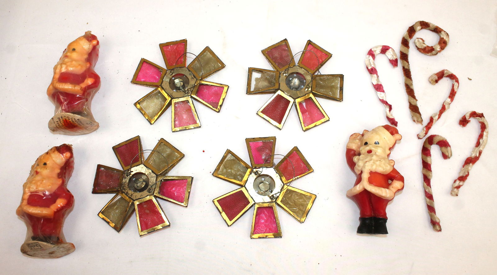 Christmas vintage lot incl 3 Santa candles, 4 glass lanterns & 5 chenille candy canes (1 of 7)