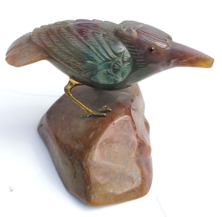 Chinese carved jade bird w garnet eyes on top of j: Chinese carved jade bird w garnet eyes on top of jasper stand - 4" tall x 5 1/2" long