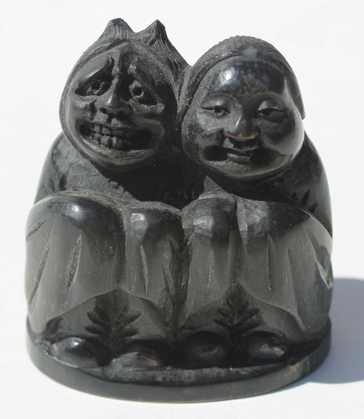 Buffalo horn w figural elderly couple dec netsuke : Buffalo horn w figural elderly couple dec netsuke - 2" x 2"