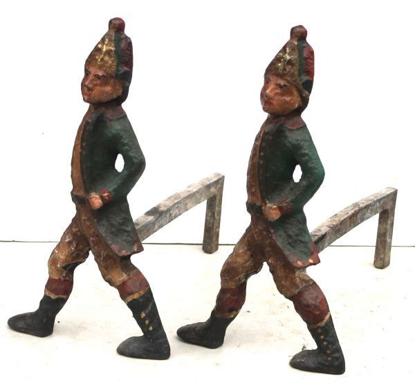 pr of early 19thC polychromed Hessian andirons in "J: pr of early 19thC polychromed Hessian andirons in "Jaeger Green" (rifleman) coats - 17" tall