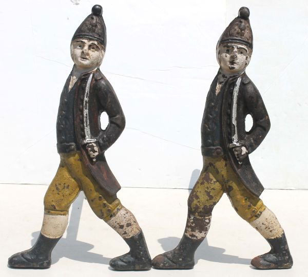 pr of ca 1880 Hessian soldier polychrome painted iro: pr of ca 1880 Hessian soldier polychrome painted iron andirons w dovetailed firedogs - 19 1/2" tall