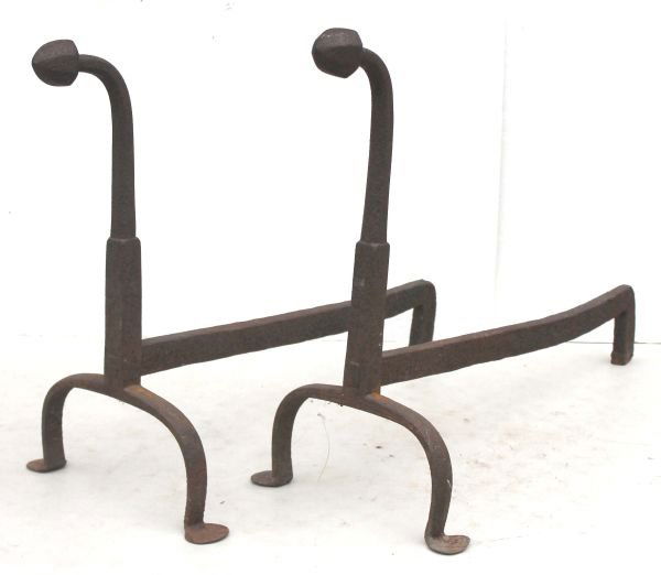 ca 1760 penny ftd andirons w faceted cone shaped fi: ca 1760 penny ftd andirons w faceted cone shaped finials - 19 1/2" tall