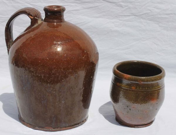2 antique redware items - 4 1/2" jelly jar & 9" ju: 2 antique redware items - 4 1/2" jelly jar & 9" jug
