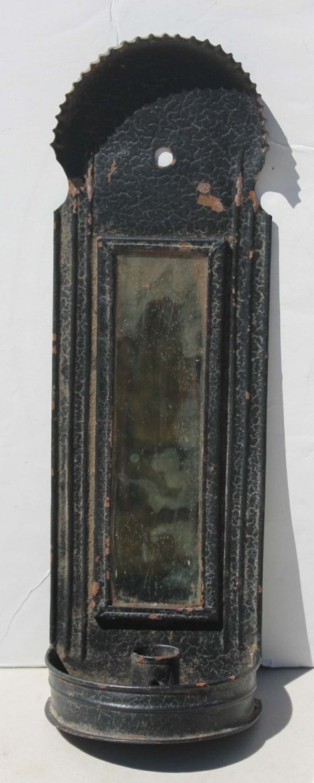 fine antique tin mirror sconce in old black worn pa: fine antique tin mirror sconce in old black worn paint - 14" tall