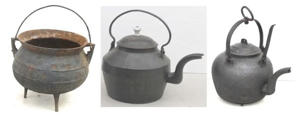 lot of iron hanging vessels - a ca 1800 teapot; ca : lot of iron hanging vessels - a ca 1800 teapot; ca 1780 trifid ftd cauldron w pointed ears & a 1780 swing handled kettle w tilting arm