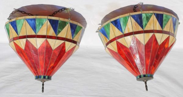 pr of large unusually shaped multi colored leaded s: pr of large unusually shaped multi colored leaded slag glass connicle hanging light fixtures - approx 29" wide x 24" tall