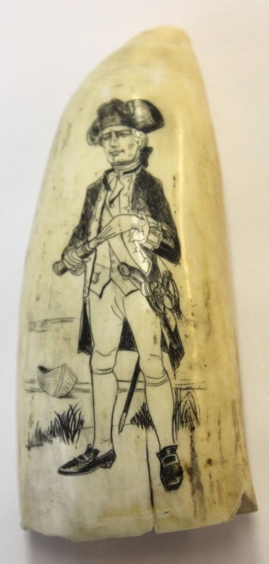 antique 4 3/4" whale's tooth w scrimshaw dec of a : antique 4 3/4" whale's tooth w scrimshaw dec of a Colonial American in tri-cornered hat