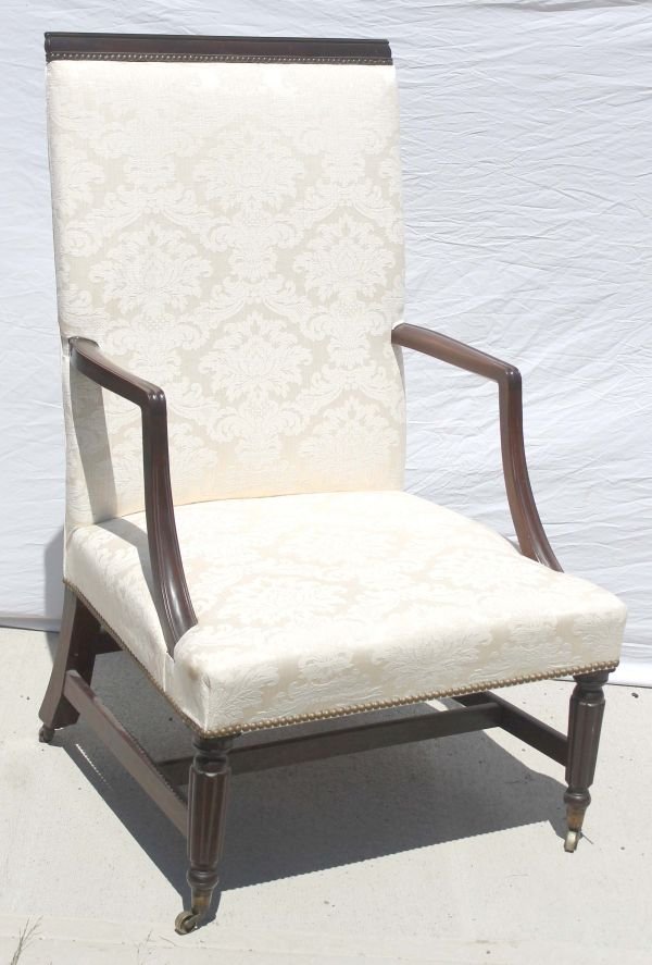 very good period Sheraton ca 1815 carved mahog lo: very good period Sheraton ca 1815 carved mahog lolling chair attrib to Jacob Foster of Charlestown, MA - 44 1/2" tall