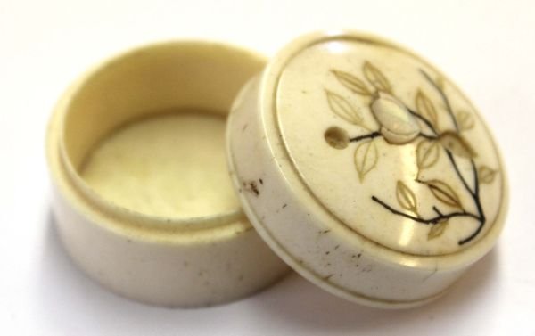 ivory small round pill box w scrimshawed & MOP dec: ivory small round pill box w scrimshawed & MOP dec - 1 3/8" diam