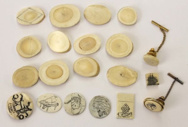 lot of 12 antique whale's tooth cross cuts plus 2 : lot of 12 antique whale's tooth cross cuts plus 2 scrimsahwed tie tacks & 5 small whale bone scrimshawed pieces