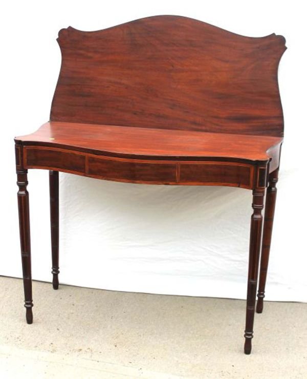 wonderful period Sheraton ca 1815 Boston or Salem : wonderful period Sheraton ca 1815 Boston or Salem serpentine front, turret corner card table featuring mahog block veneer surrounded by wide bands of satinwood w unusual & desirable line & other inlay
