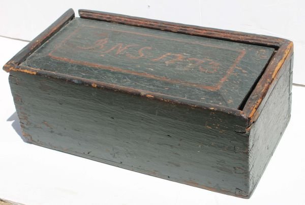 fine antique blue painted dovetailed slide lid can: fine antique blue painted dovetailed slide lid candlebox dated 1773 - 14" long x 7 1/2" deep x 5 1/2" tall
