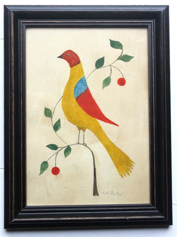 Evelyn S. Dubiel (America's foremost living folk a: Evelyn S. Dubiel (America's foremost living folk artist - born in CT 1922) 6 9/16" x 4 1/2" w/c titled "Folk Art Bird" (Yellow tail) - Provenance: Dubiel Family