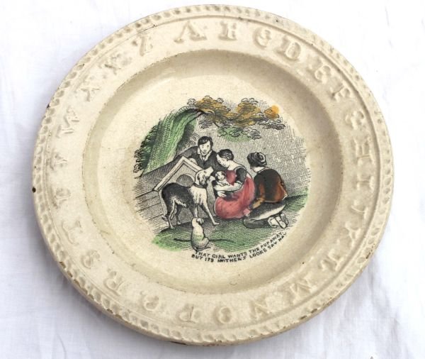 ca 1840-1860 child's pearlware plate "That girl wa: ca 1840-1860 child's pearlware plate "That girl wants the pup away but its mother's looks say nay" - 6 1/8" diam
