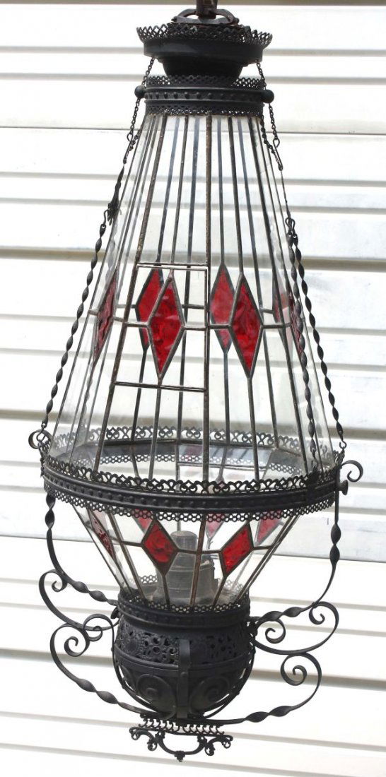 dated 1897 large leaded & wrought iron hanging flu: dated 1897 large leaded & wrought iron hanging fluid light fixture - 38" tall