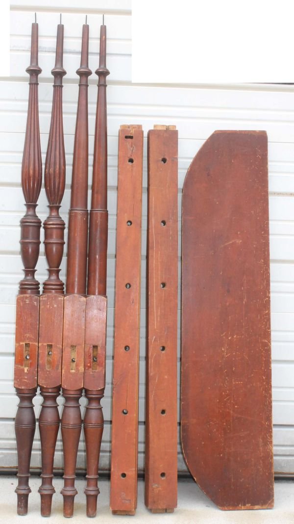 wonderful Sheraton period ca 1810 maple canopy bed: wonderful Sheraton period ca 1810 maple canopy bed in orig red paint surface featuring the best turnings possible - 65 1/2" tall posts