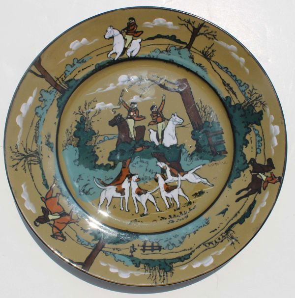 Buffalo Pottery Deldare Ware 1908 hunt scene plate: Buffalo Pottery Deldare Ware 1908 hunt scene plate - 8 1/4" diam