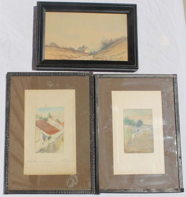 3 19thC miniature works of art incl a 5 1/2" x 3 1: 3 19thC miniature works of art incl a 5 1/2" x 3 1/2" w/c landscape & 2 7"x5" hand colored etchings titled "Spanish Gypsy" & "Wash Day" sgnd Sanger