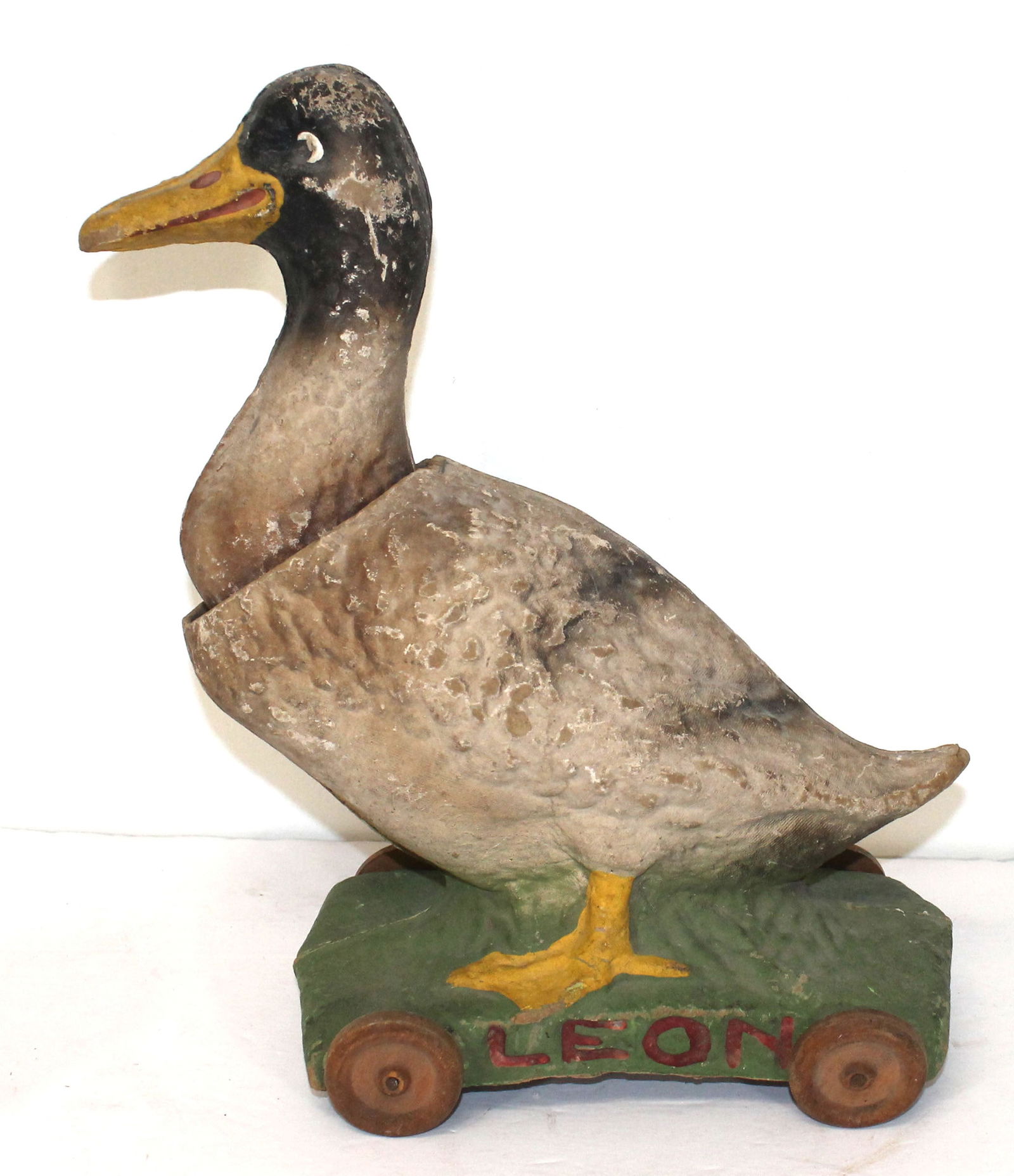Early 1900's papier mache duck nodder pull toy on wooden wheels - 15 1/4" tall x 13" long x 6" wide (1 of 7)