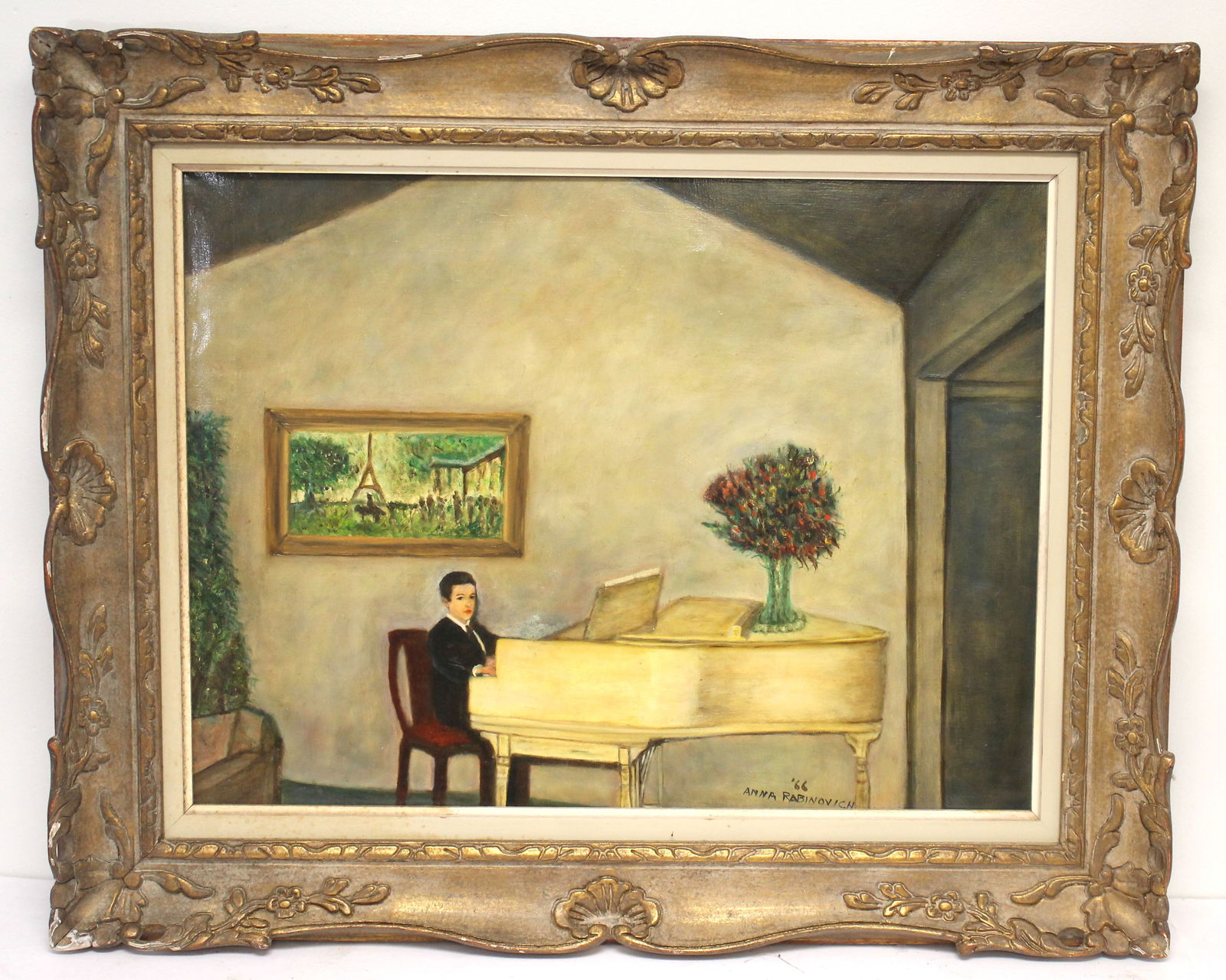 Mid-century/Folk Art sgnd Anna Rabinovich o/c of a young boy sitting at a piano with painting of (1 of 10)