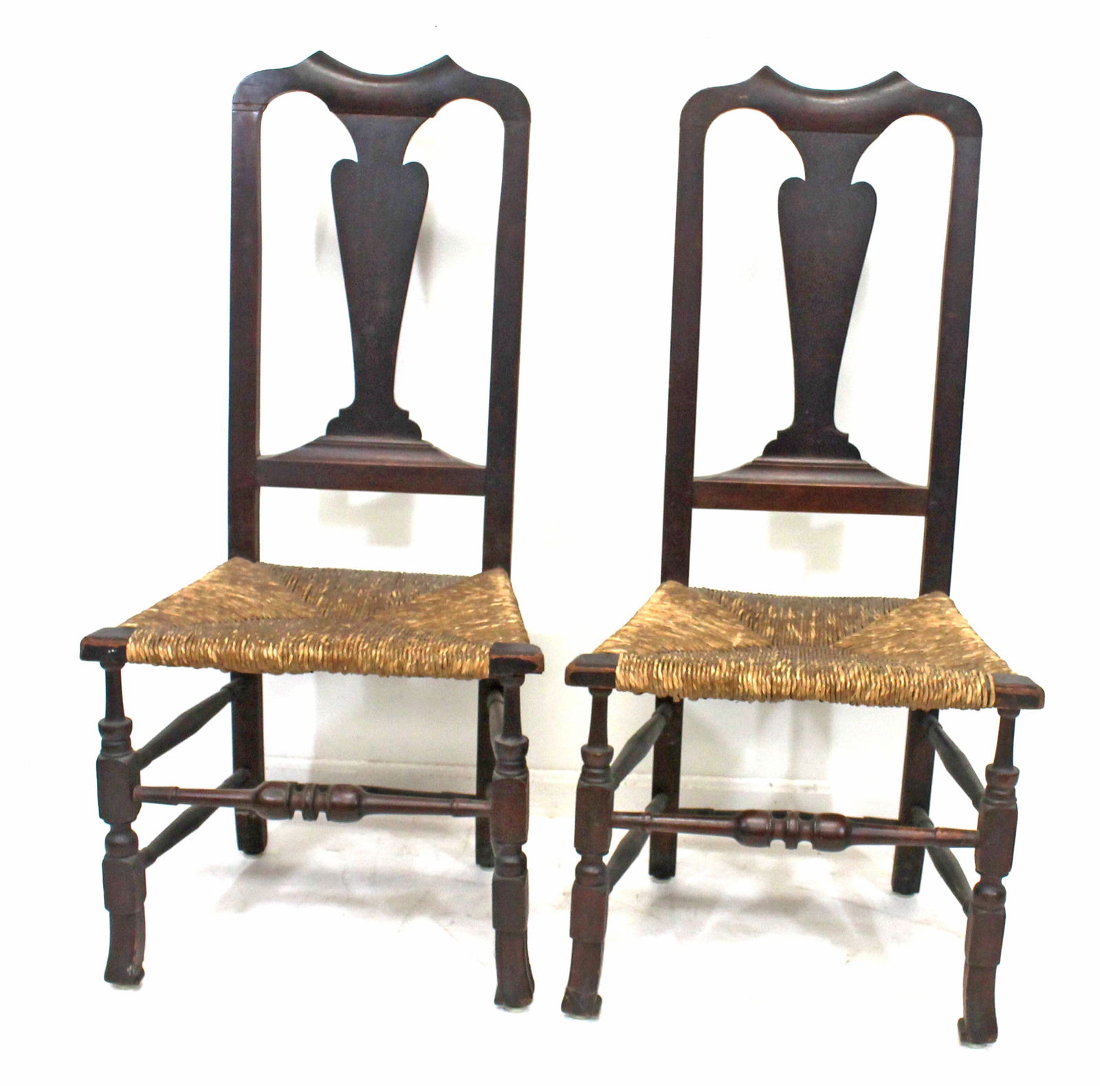 Pr of Coastal NH QA Spanish ft side chairs w rush seats - 17" seat height (1 of 10)