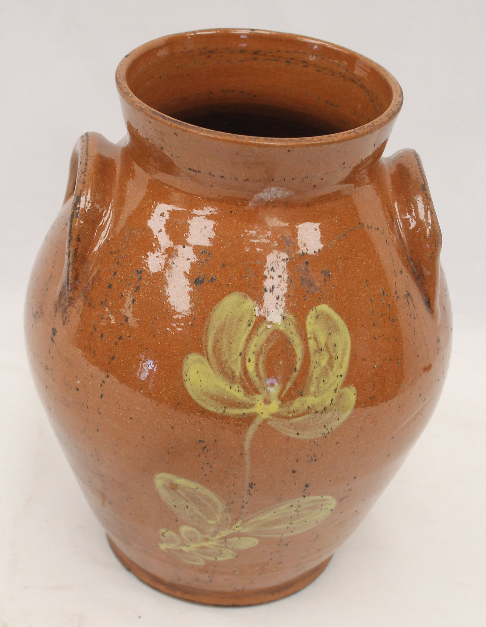 Antique redware ovoid jar w yellow floral slip dec - 10" tall (1 of 7)