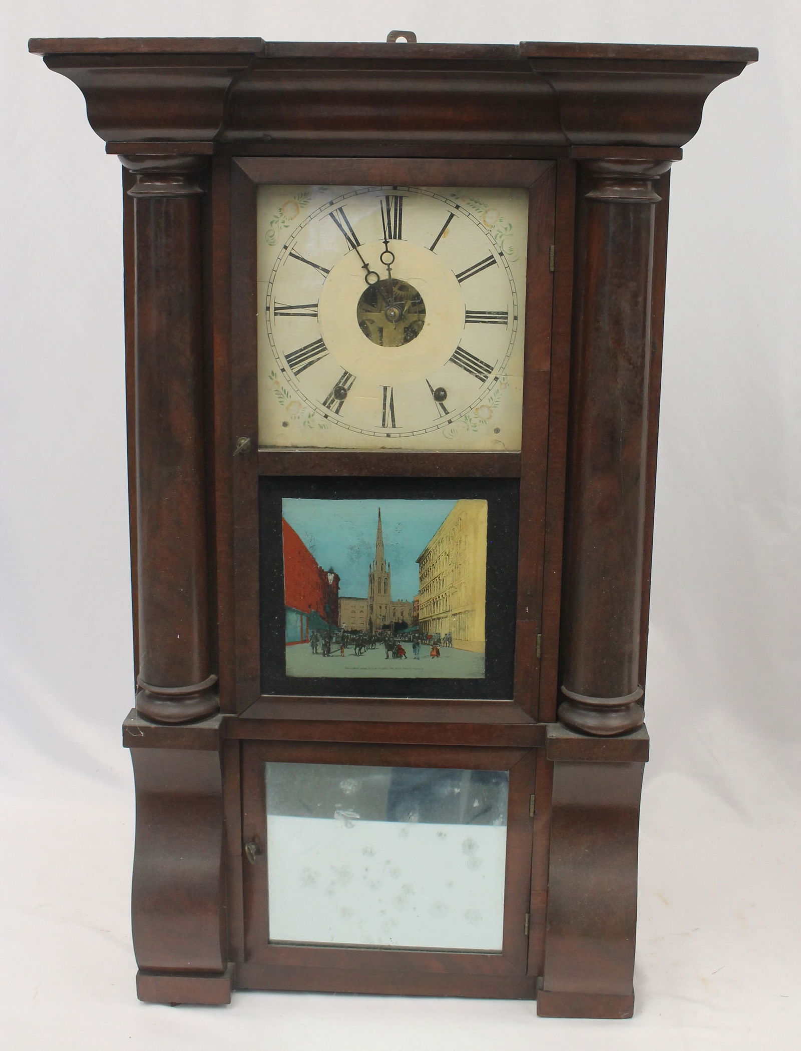 Antique large wall clock w reverse painting on glass upper door "Broadway from North St showing (1 of 9)