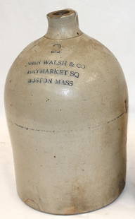 Antique stoneware 2 gal merchant's jug John Walsh & Co Haymarket Square Boston, MA - 13 3/4" tall: Antique stoneware 2 gal merchant's jug John Walsh & Co Haymarket Square Boston, MA - 13 3/4" tall