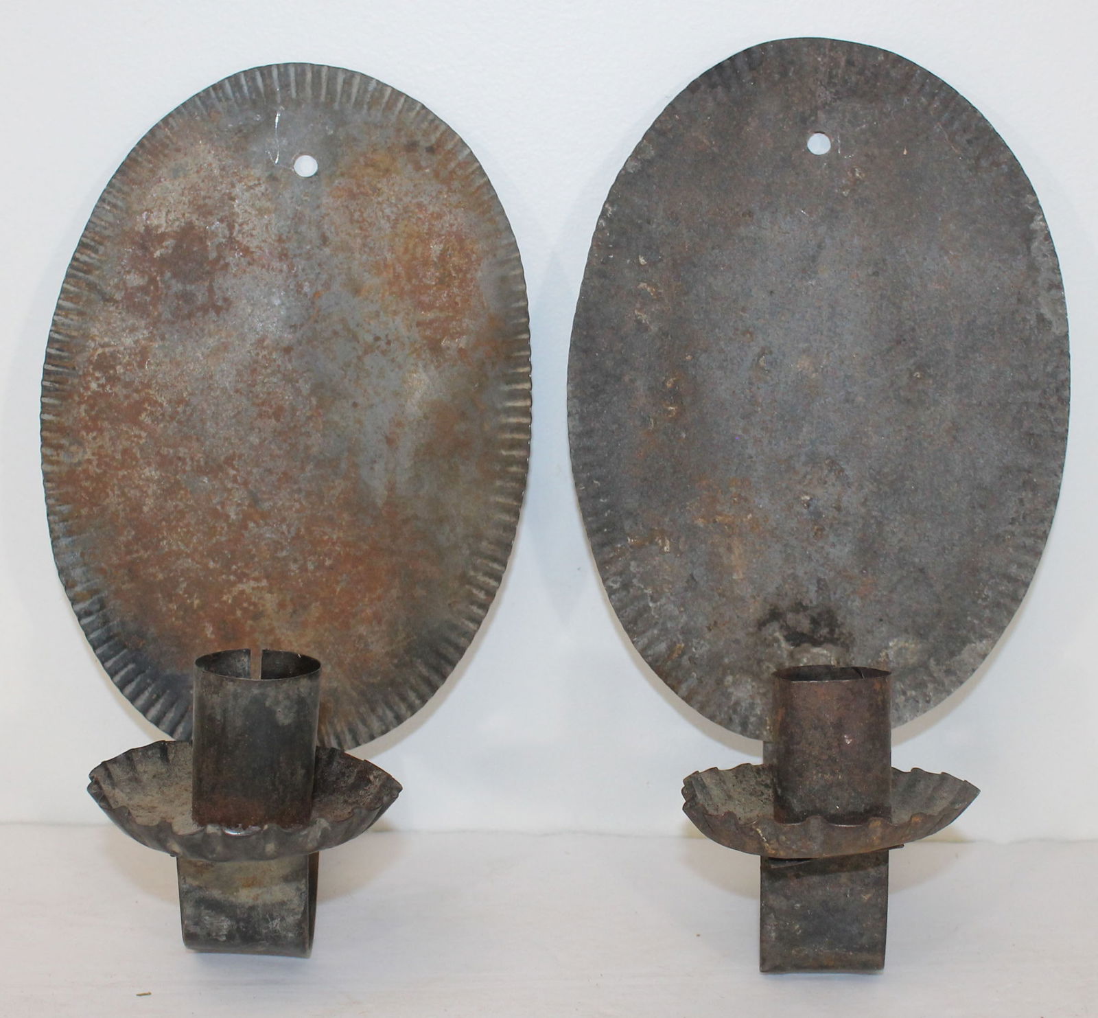 Pr of 19thC crimped tole candle sconces - 11 1/4" tall x 6" wide (1 of 8)