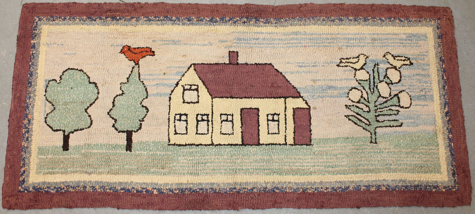 Antique hooked rug w house & birds in trees - 21"x46" (1 of 7)