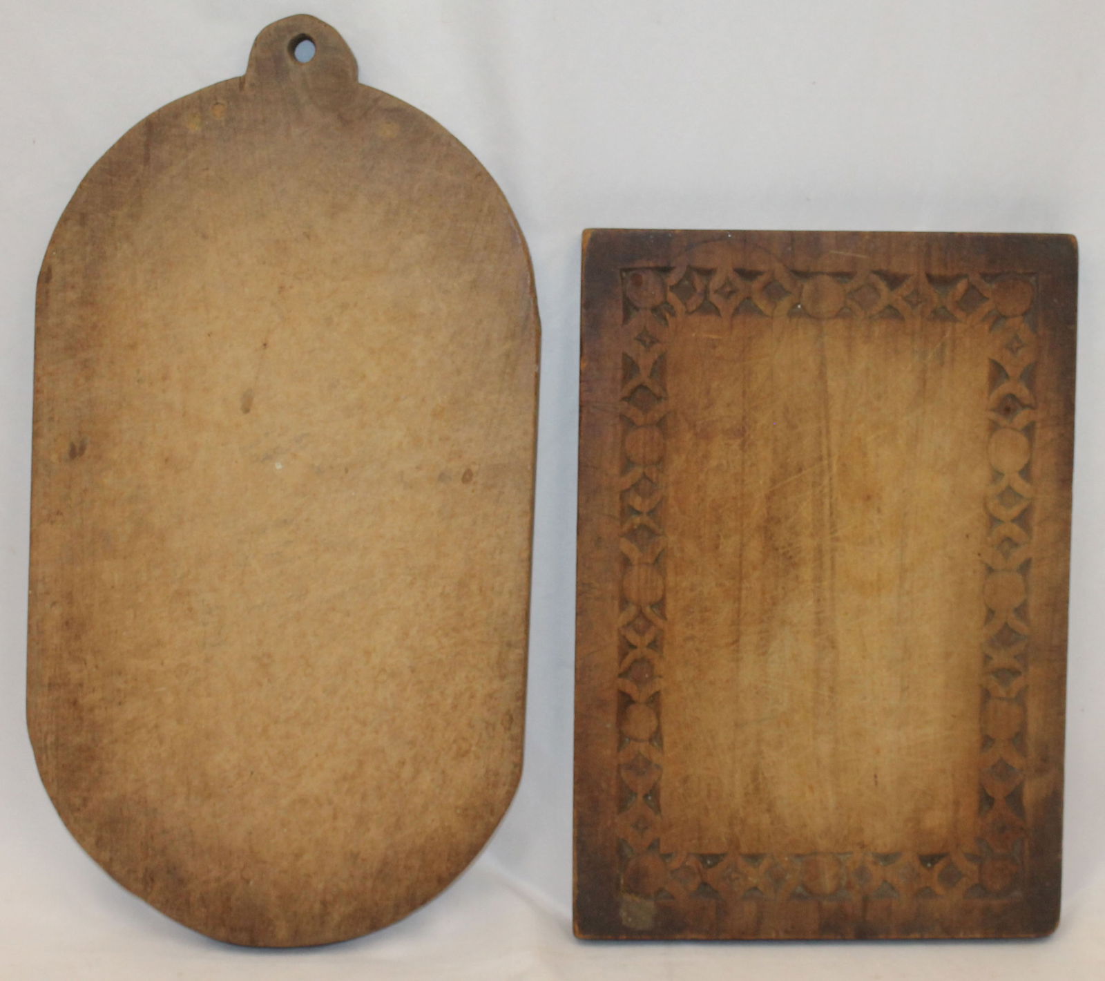 Lot of 2 antique wooden bread boards - 1 w carved border 13 3/4"x9 3/4" & an oval 18"x9 1/2" (1 of 5)