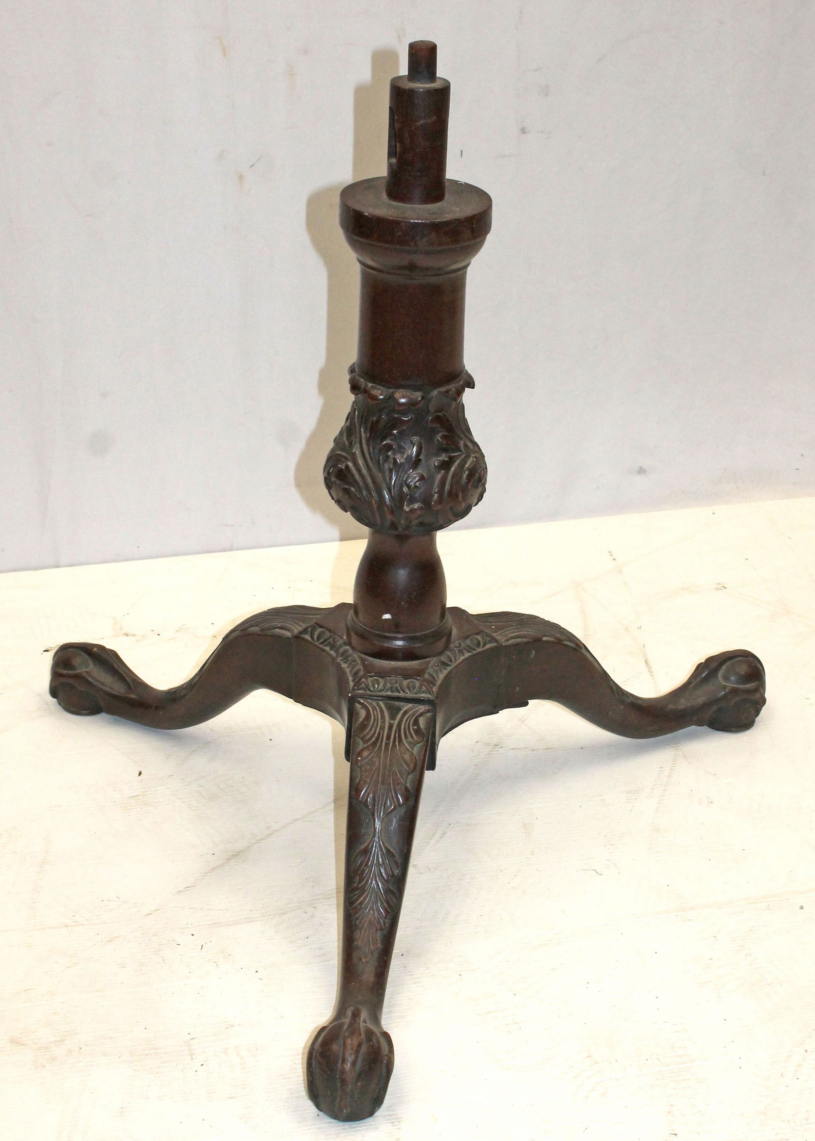 Heavily carved 18thC mahog ball & claw foot tilt top table BASE ONLY w acanthus carved shaft & leaf (1 of 8)