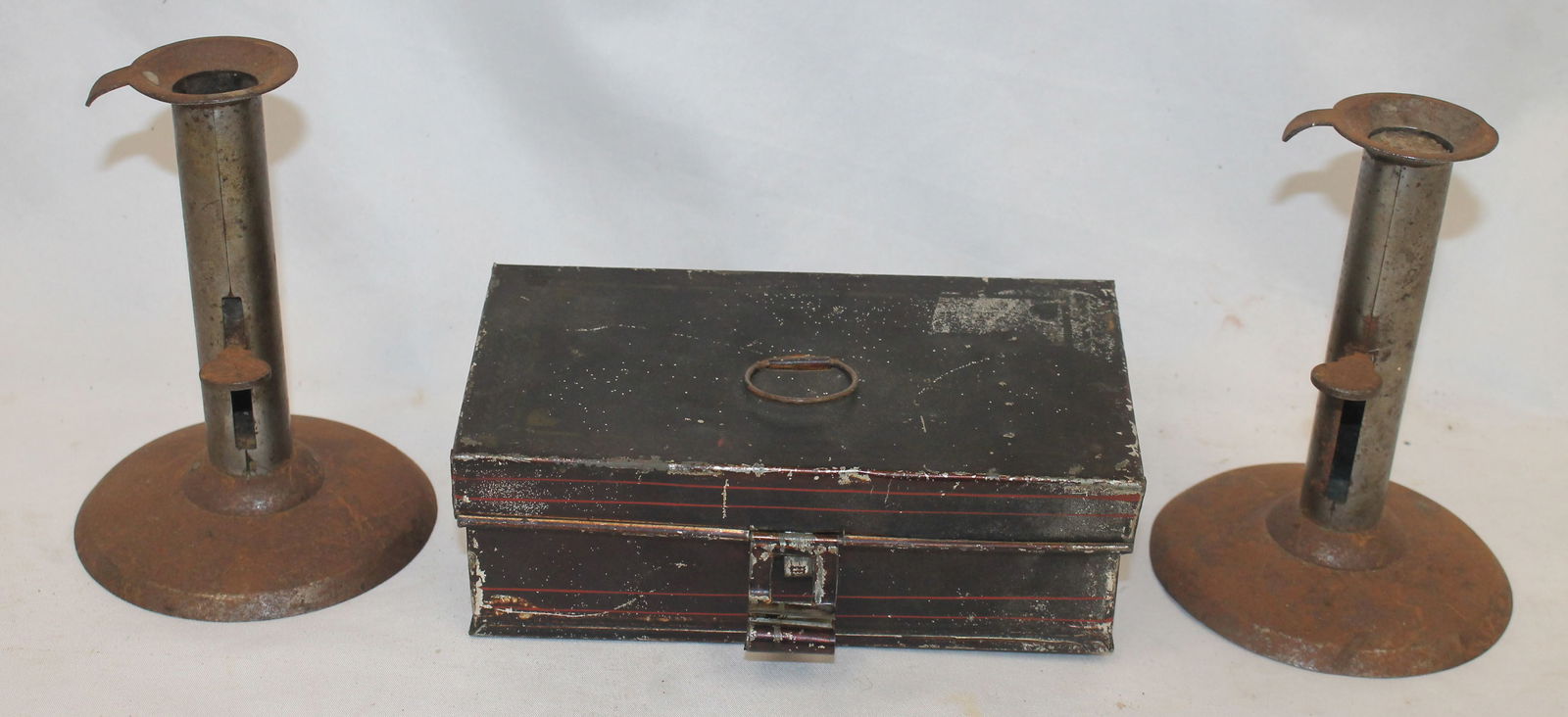 Antique tin lot incl pr of hogscraper push up candlesticks 5 1/4" tall & small paint dec box - 3" x (1 of 7)