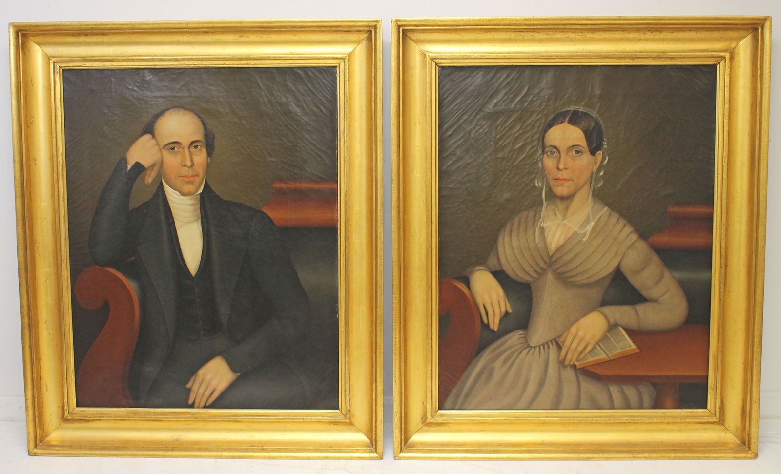Fine Art incl pr of attrib Joseph Whiting Stock o/c portraits of husband & wife in orig frames -: Fine Art incl pr of attrib Joseph Whiting Stock o/c portraits of husband & wife in orig frames - overall framed size 42"x35