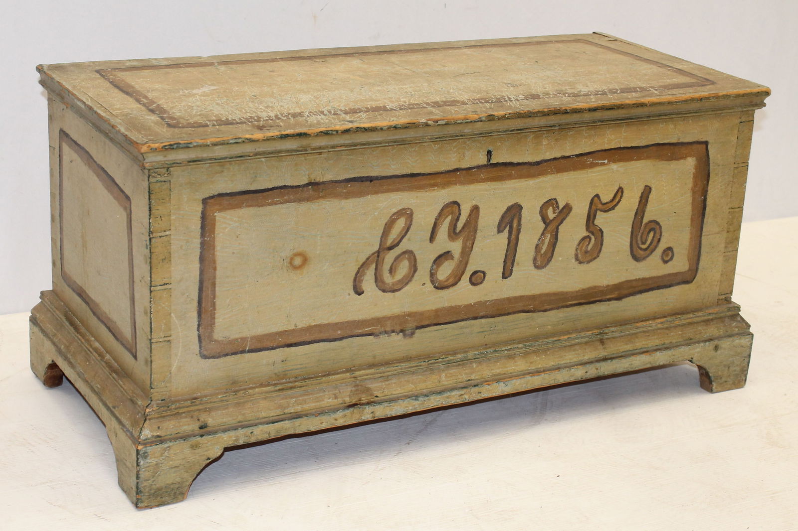 Antique paint decorated blanket box on bracket base w 1856 date & initials painted on front - 17" (1 of 7)