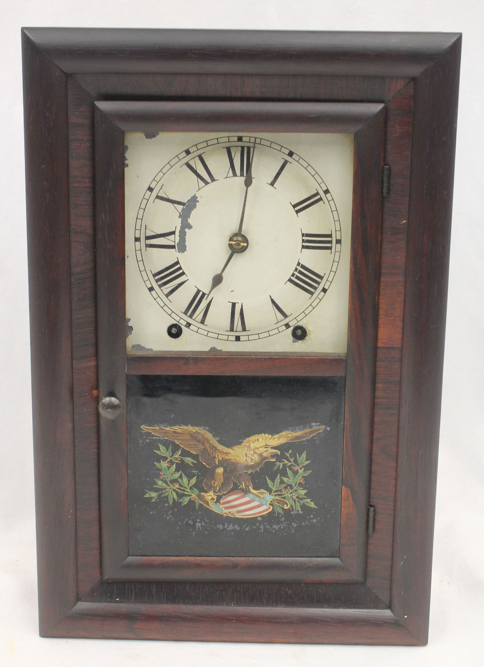 Antique Seth Thomas mantle clock w reverse painting on glass of an eagle w American flag -16" tall x (1 of 5)