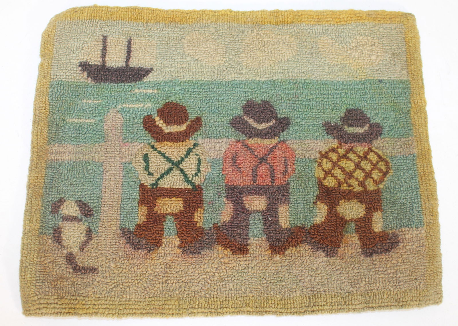 Grenfel type small hooked rug winter scene w 3 cowboys & dog looking at a passing ship - 10"x12" (1 of 7)