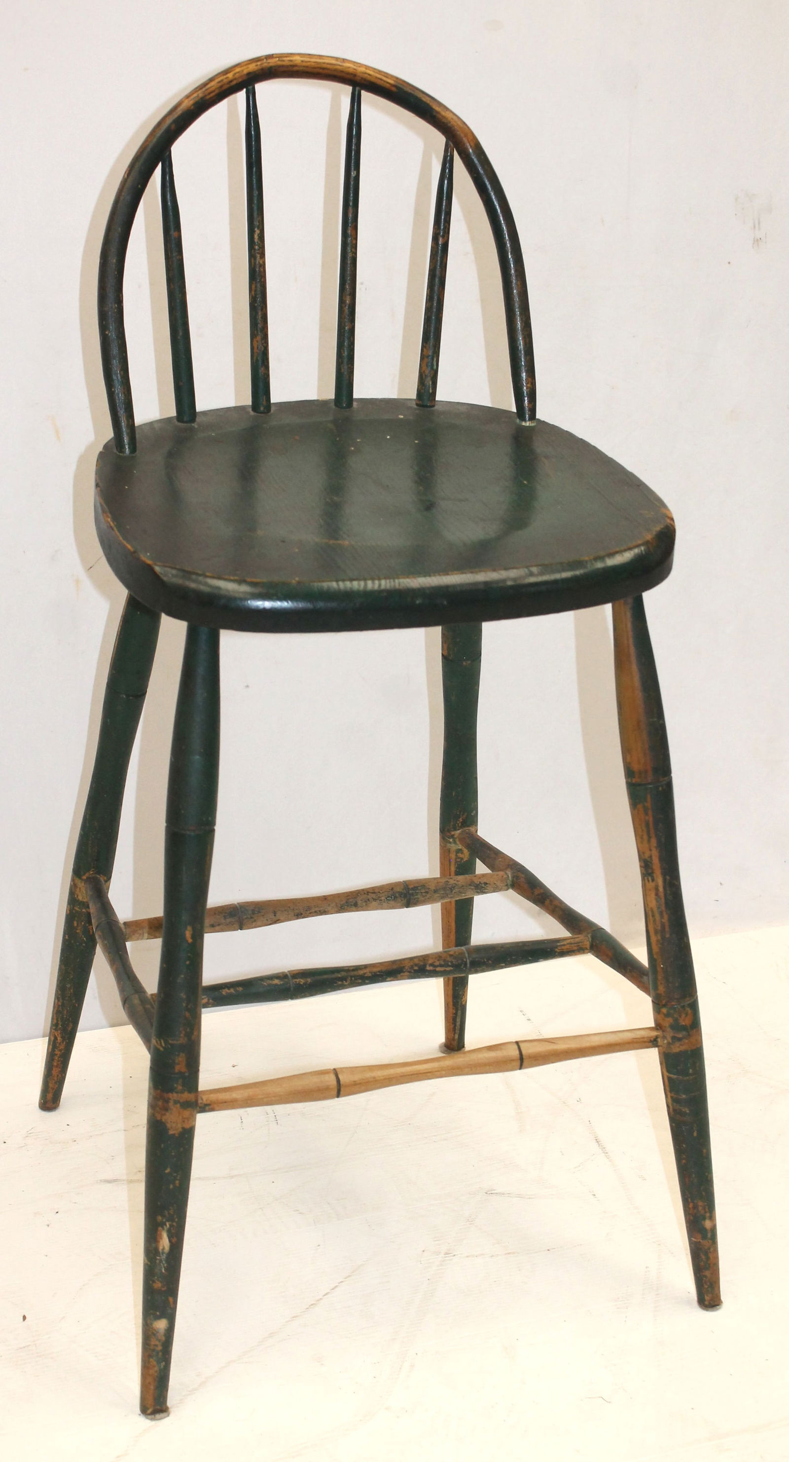 Antique Windsor loom stool in green paint - 24" seat height & 36" overall (1 of 7)