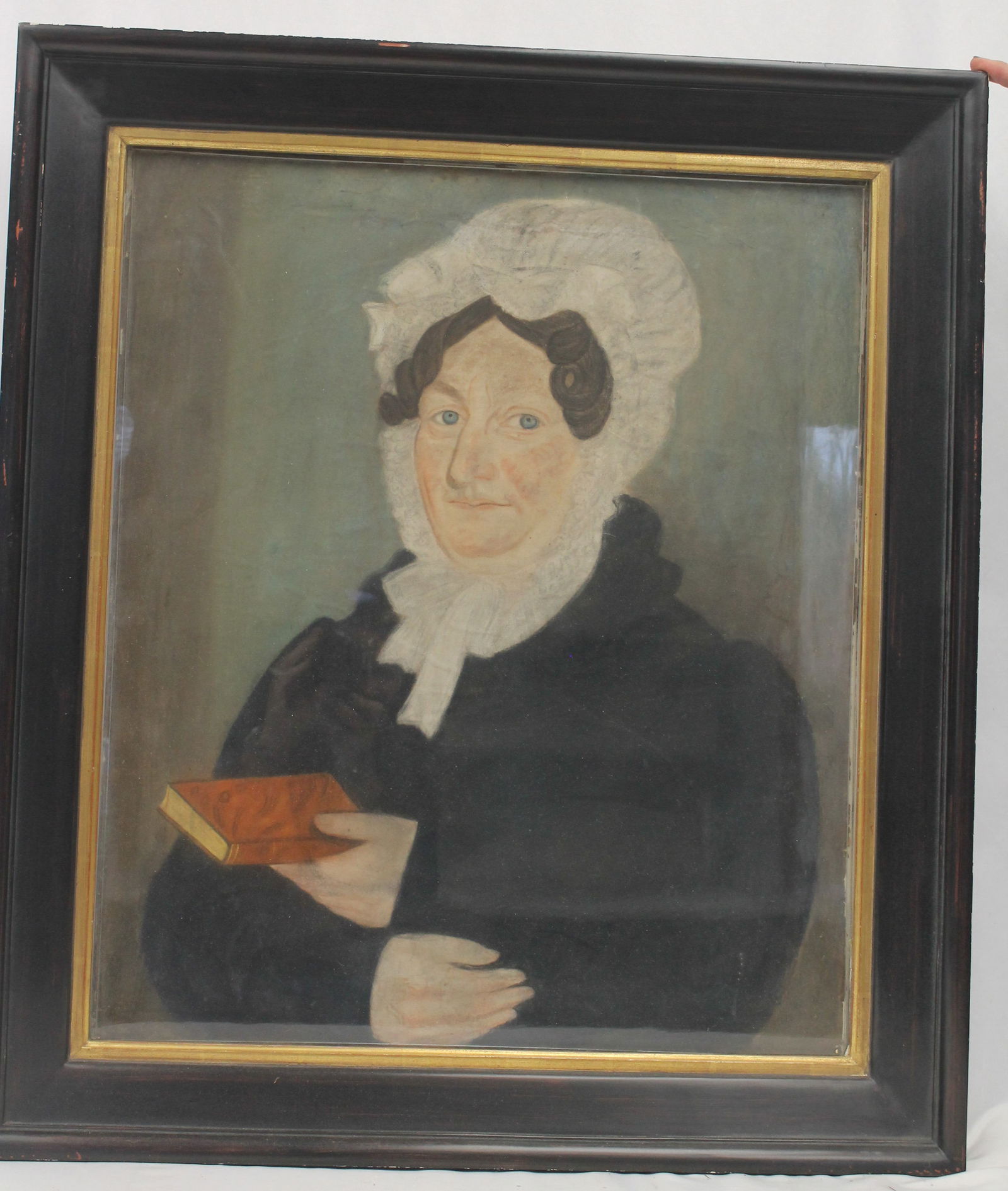 Antique pastel portrait of a woman in bonnet holding a book - overall framed size 32" x 28 1/4" (1 of 4)