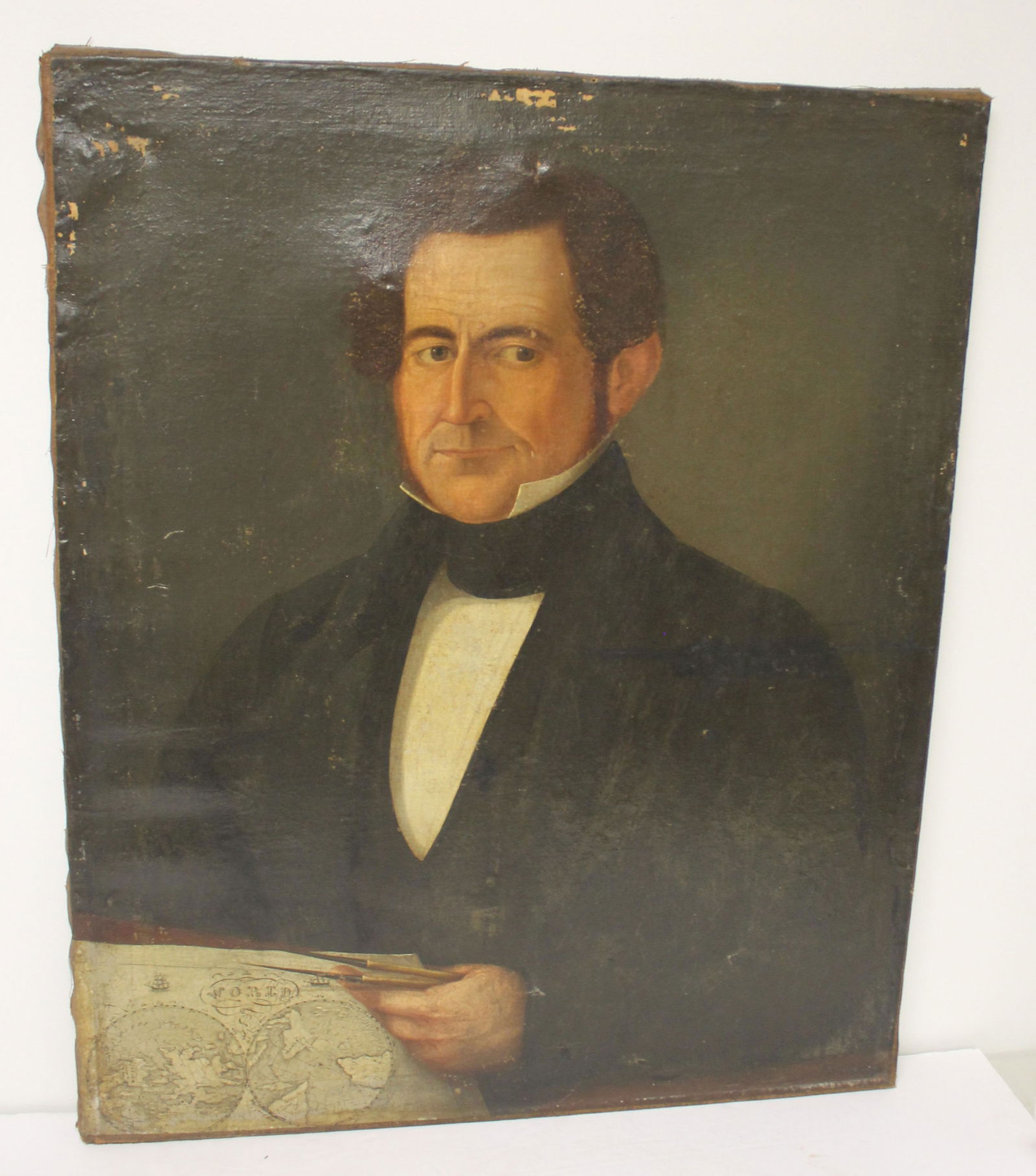 Antique o/c portrait of a gentleman cartographer holding a map & compass - unframed - 29"x23 1/2" (1 of 7)