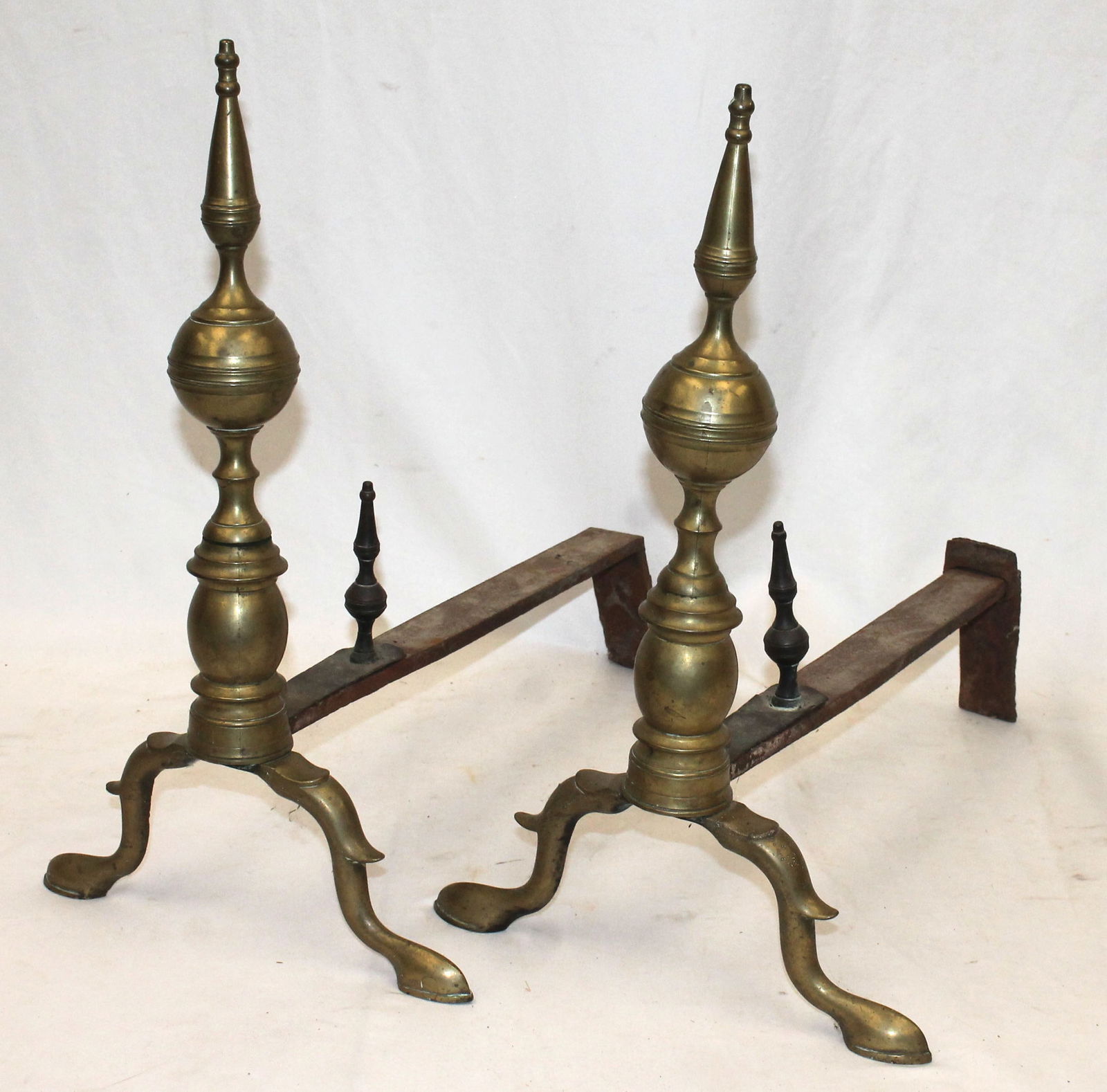 Pr of antique brass steeple top andirons (1 of 5)