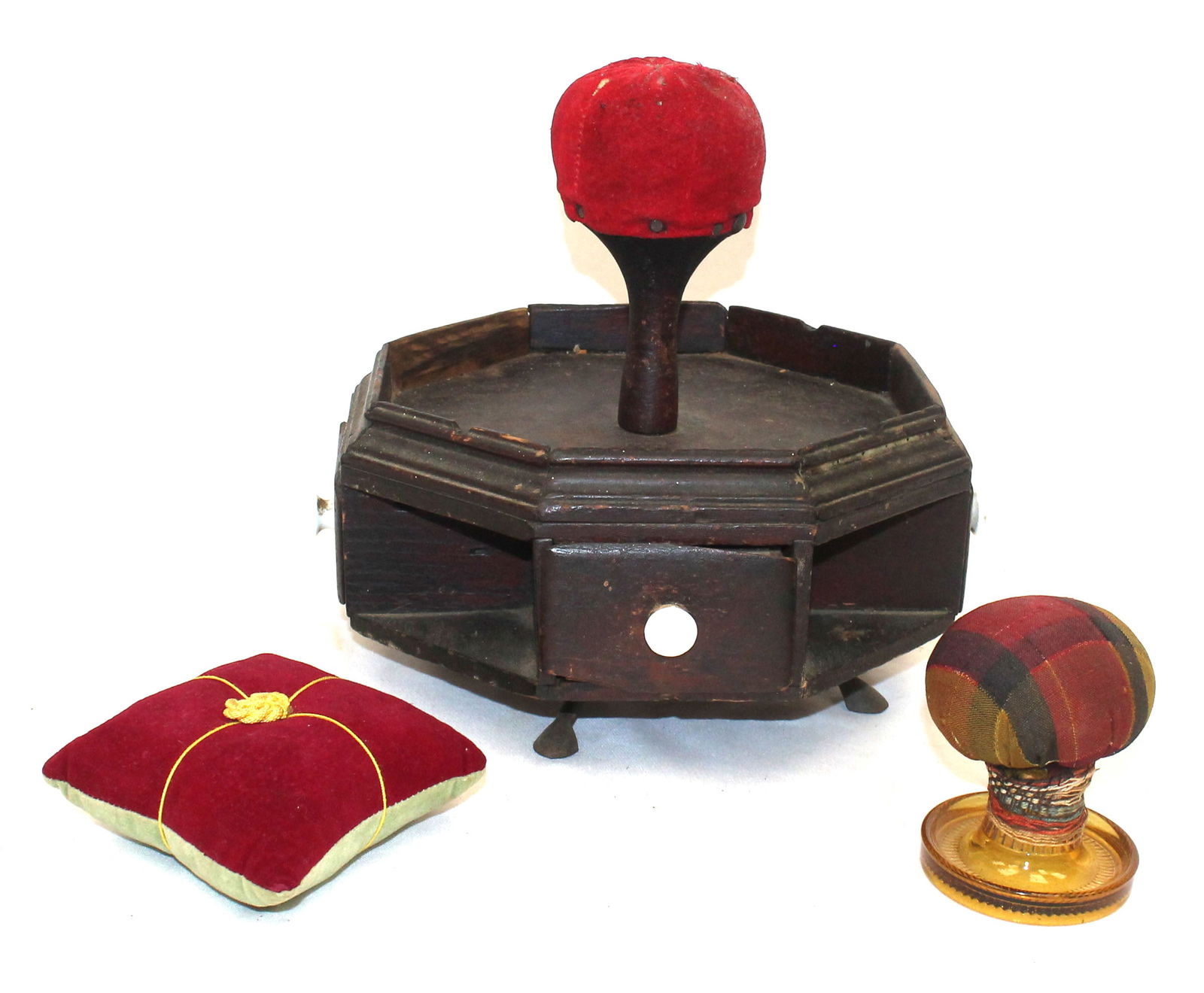 Antique sewing lot incl early rotating stand w pin cushion top & drawers; red & green pin cushion & (1 of 11)