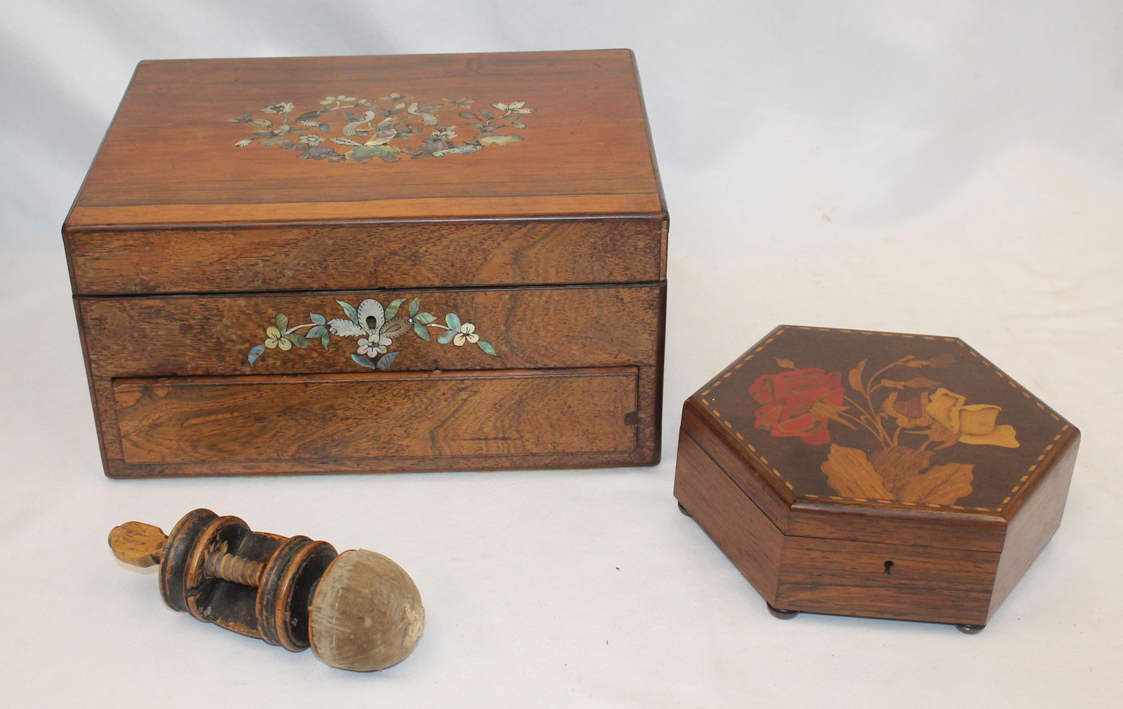 Antique sewing lot incl MOP/abalone inlaid box w contents, sewing bird plus a rosewood hexagonal (1 of 9)
