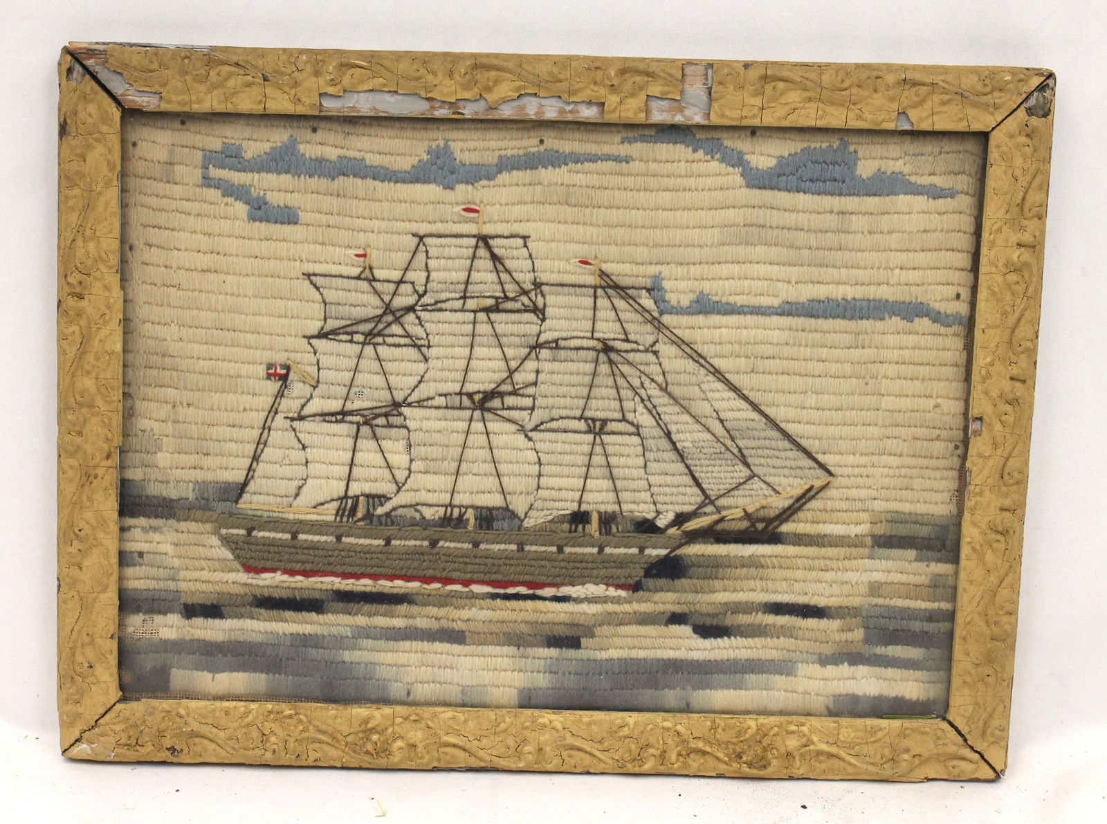 Framed hooked rug of a clipper ship - overall framed size 12"x16" (1 of 7)