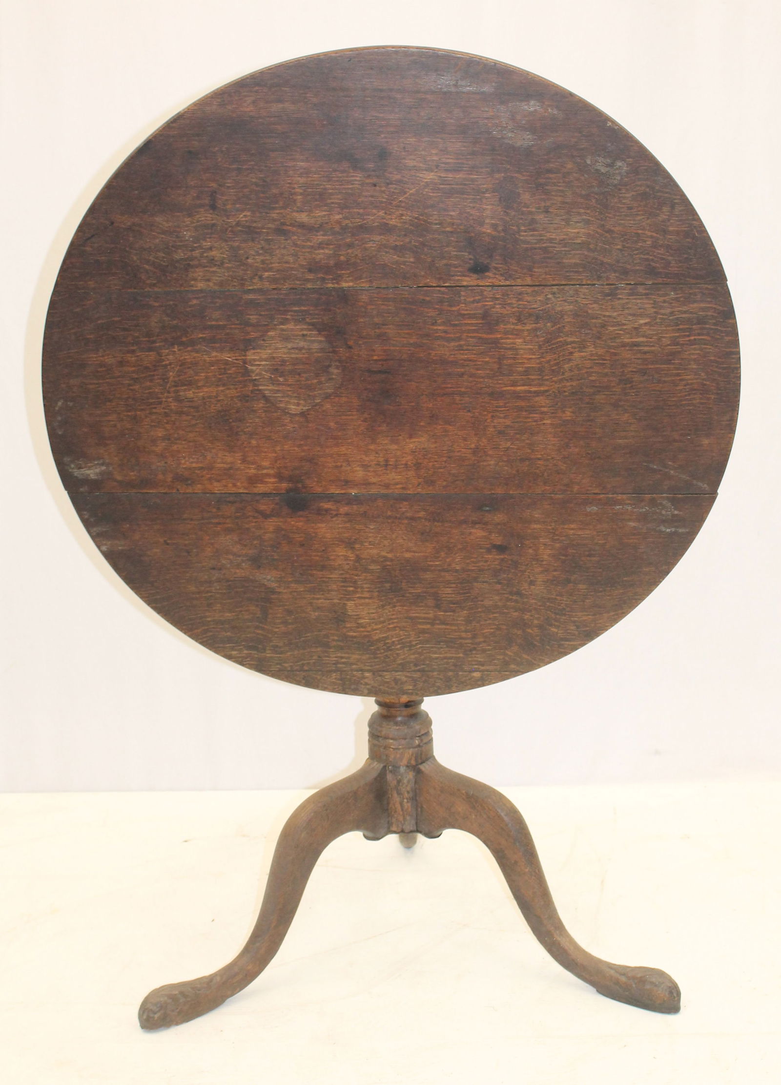 Chippendale oak tilt top table w acanthus carved snake feet in dry old surface - 27" tall x 31" diam (1 of 8)