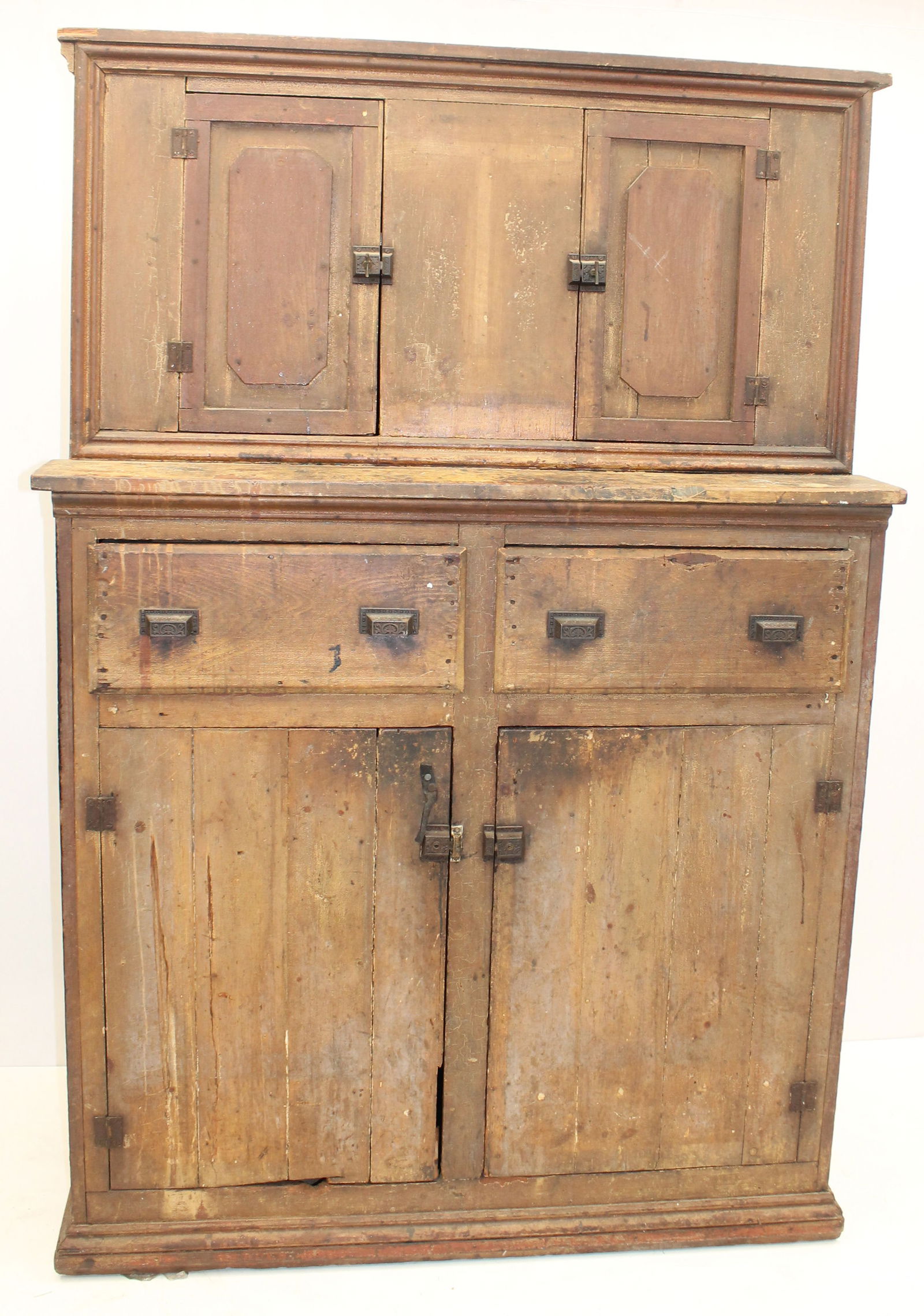 19thC step back utility cupboard w 2 cupboard doors over 2 large drawers over 2 cupboard doors w (1 of 10)